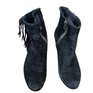Sam Altman Louie Bootie Black Suede Fringe Ankle Side Zip Block Heel Size 8